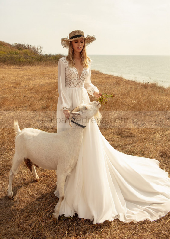 Long Sleeves Ivory Lace Chiffon Boho Wedding Dress